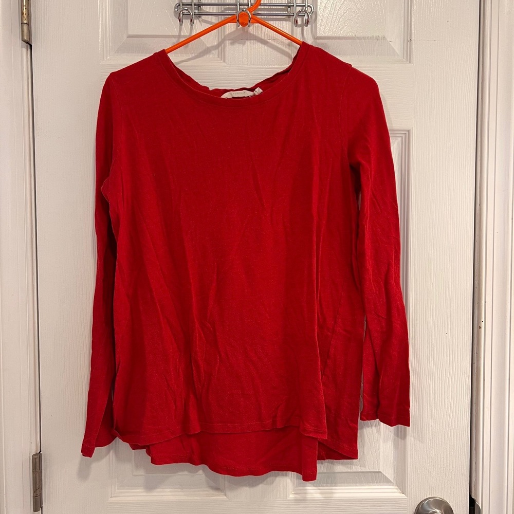 Athleta Womens Red Long Sleeve High Low Pleated Back Crew Neck Tee Shirt Size S